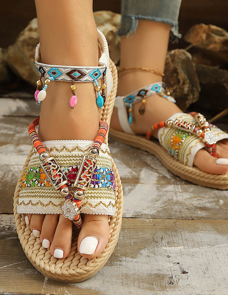 Ekouaer Bohemian Flat Sandals Braided Ethnic Embroidery Open Toe Beach Sandals - Beige White