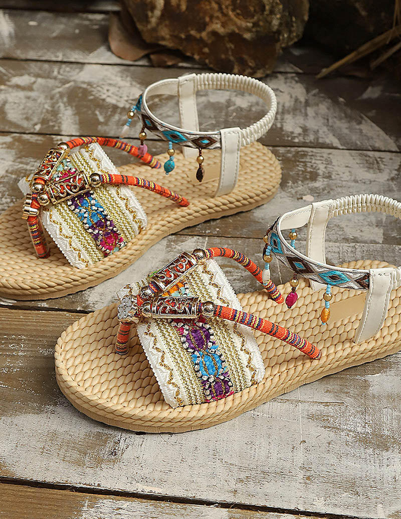 Ekouaer Bohemian Flat Sandals Braided Ethnic Embroidery Open Toe Beach Sandals - Beige White
