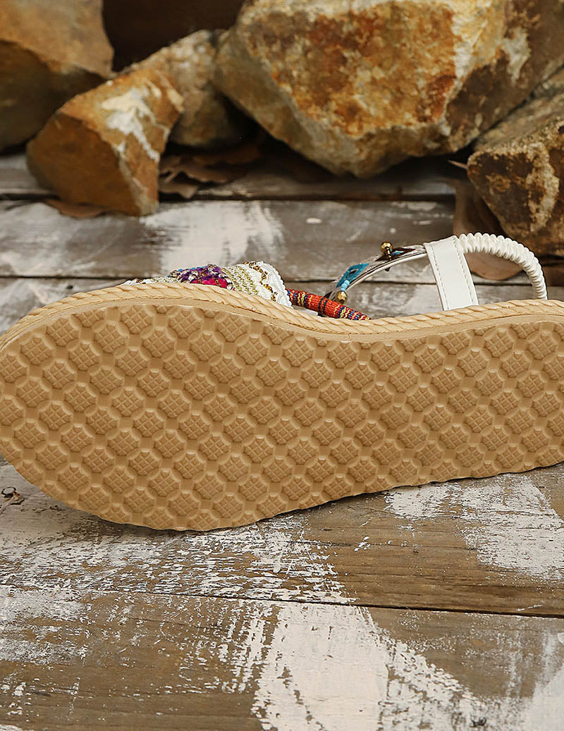 Ekouaer Bohemian Flat Sandals Braided Ethnic Embroidery Open Toe Beach Sandals - Beige White