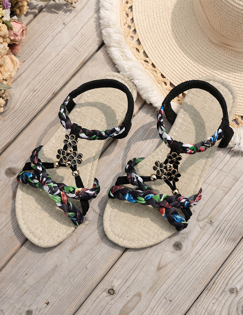 Ekouaer Bohemian Braided Flat Sandals Floral Charm Open Toe Beach Sandals - Black