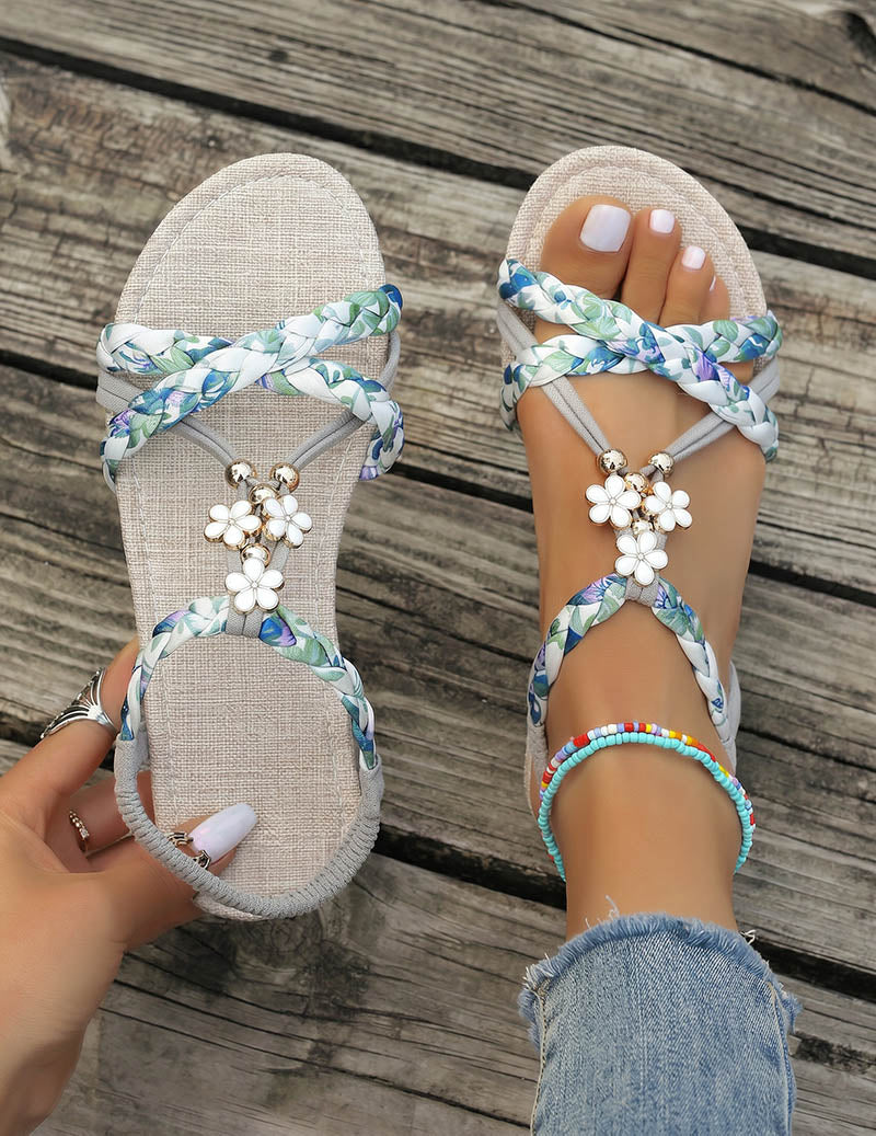 Ekouaer Bohemian Braided Flat Sandals Floral Charm Open Toe Beach Sandals - Grey