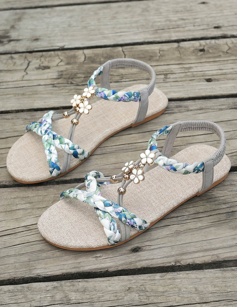 Ekouaer Bohemian Braided Flat Sandals Floral Charm Open Toe Beach Sandals - Grey