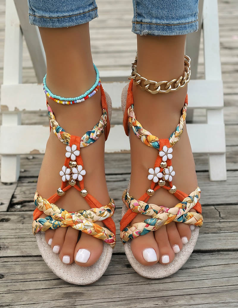 Ekouaer Bohemian Braided Flat Sandals Floral Charm Open Toe Beach Sandals - Orange