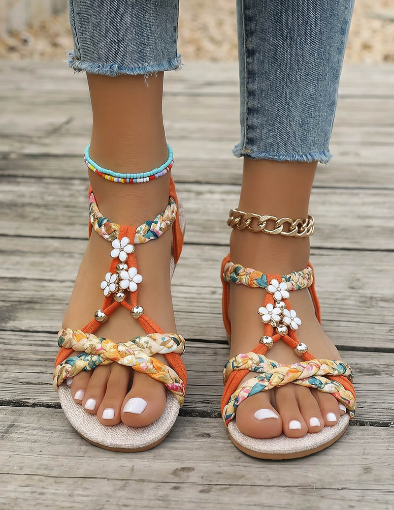 Ekouaer Bohemian Braided Flat Sandals Floral Charm Open Toe Beach Sandals - Orange