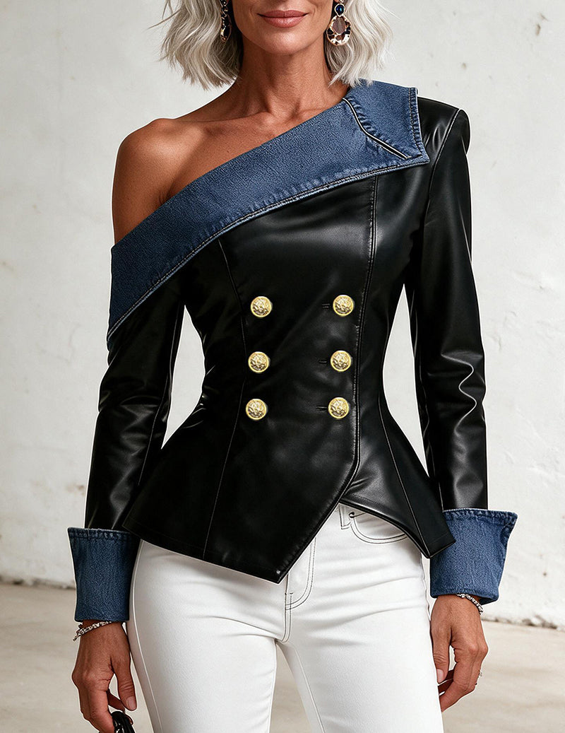 Faux Leather Contrast Trim Off Shoulder Jacket