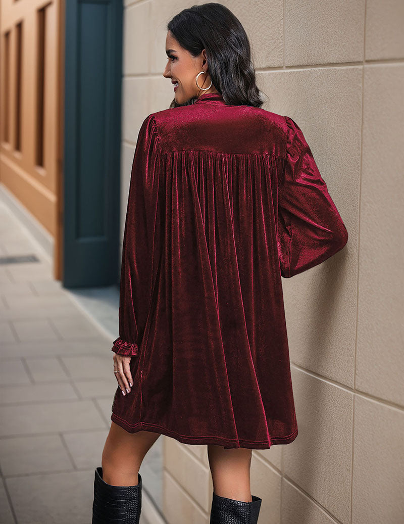 Velvet Notch Neck Ruffle Sleeve Dress