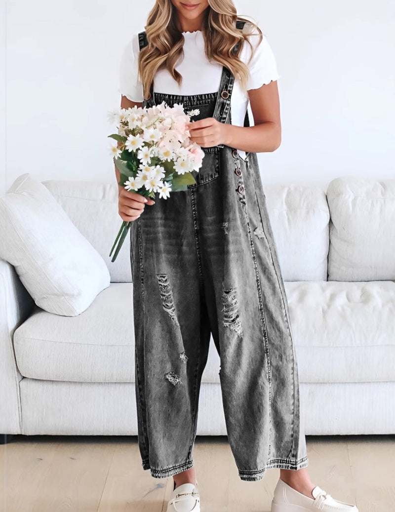 Adjustable Strap Denim Bib Overall Distressed Wide Leg Baggy Jumpsuit