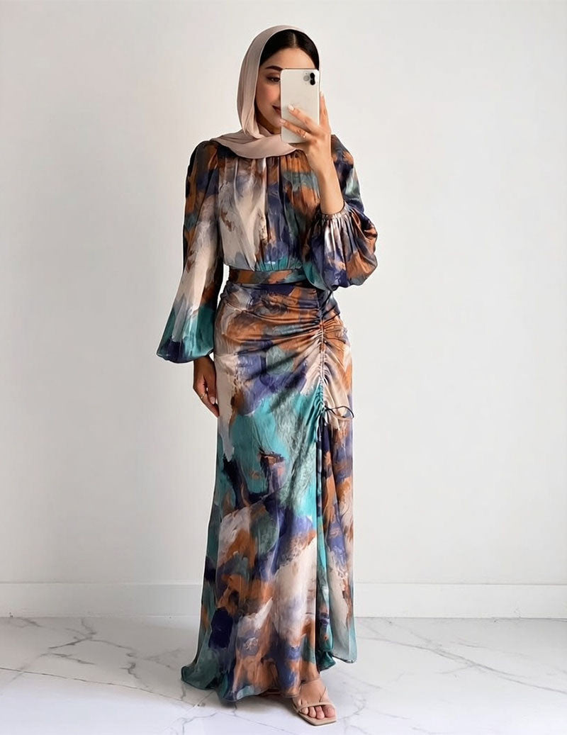 Long Sleeve Ruched Maxi Dress Floral Abstract Print Dress