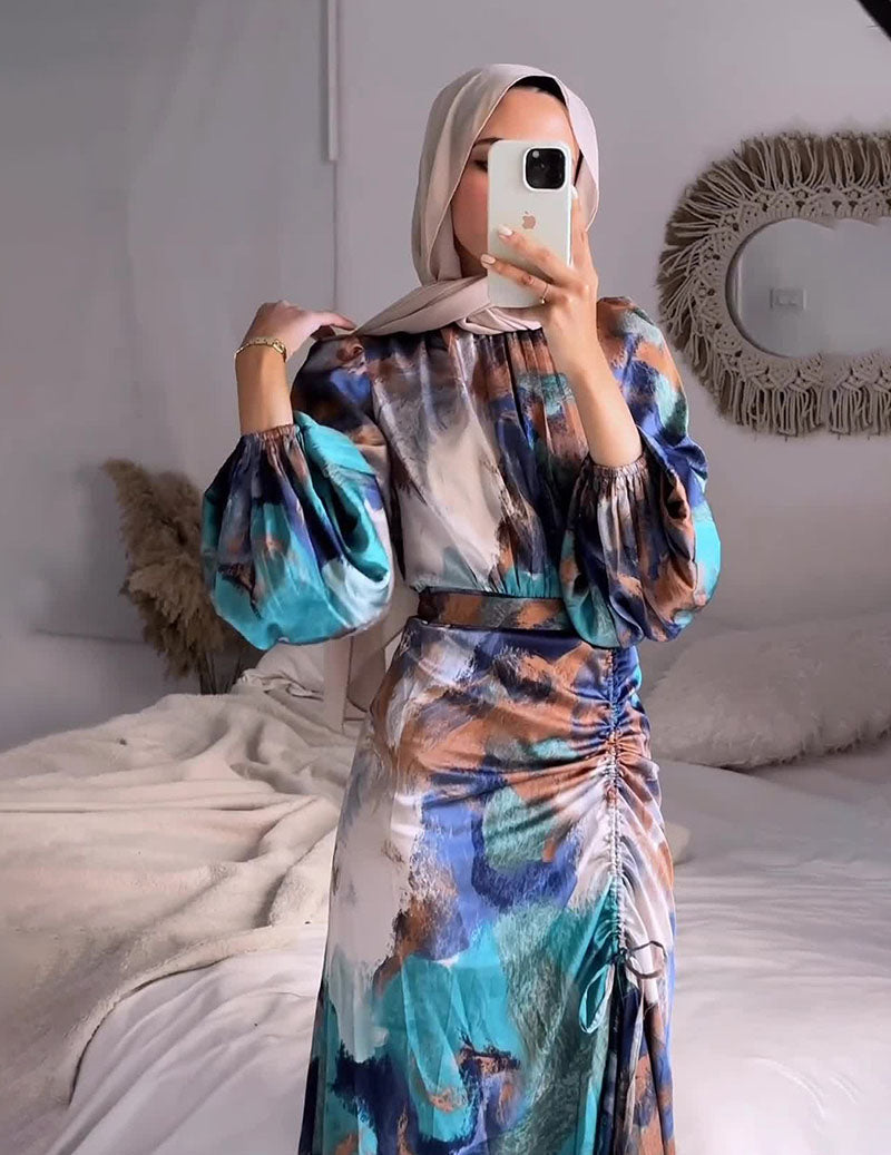 Long Sleeve Ruched Maxi Dress Floral Abstract Print Dress