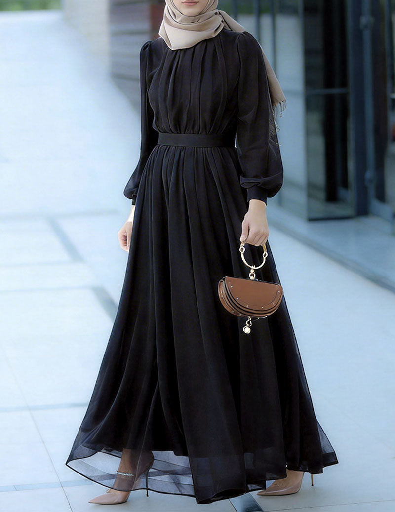 Chiffon Pleated Maxi Dress Modest Long Sleeve Dress