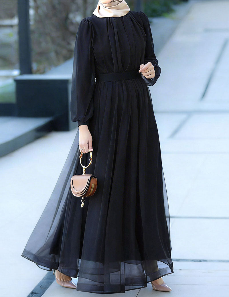 Chiffon Pleated Maxi Dress Modest Long Sleeve Dress