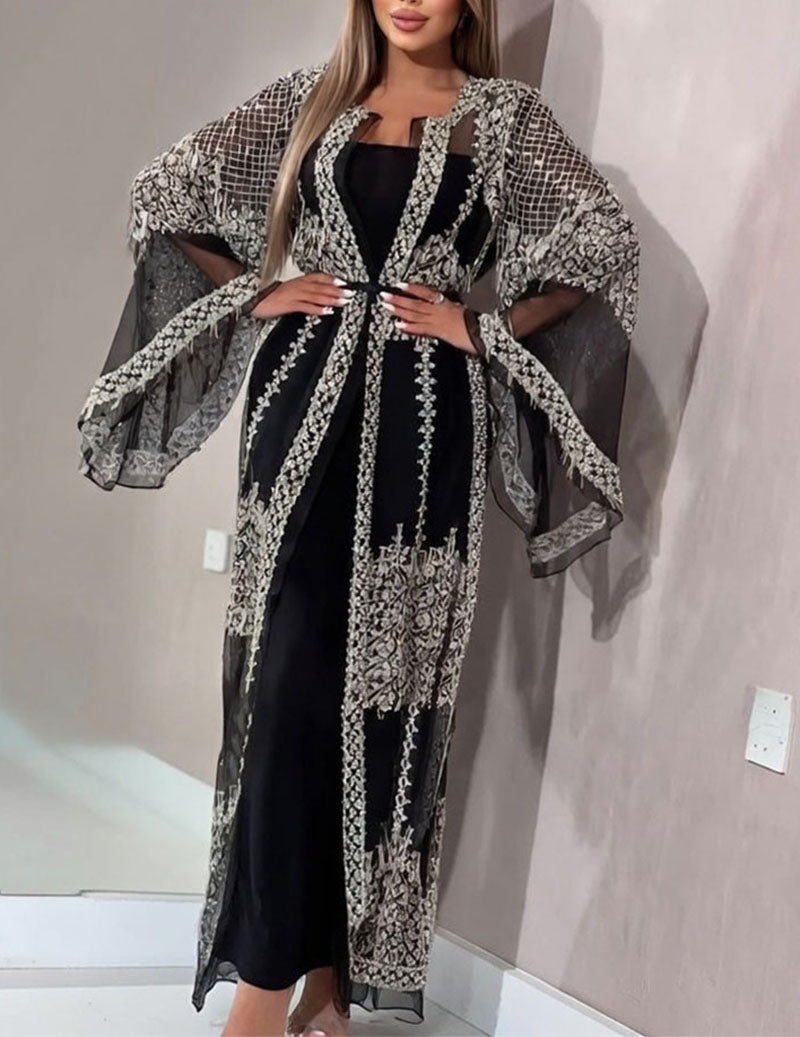 Black sequin-trim mesh kaftan dress with draped cape sleeves and waist tie