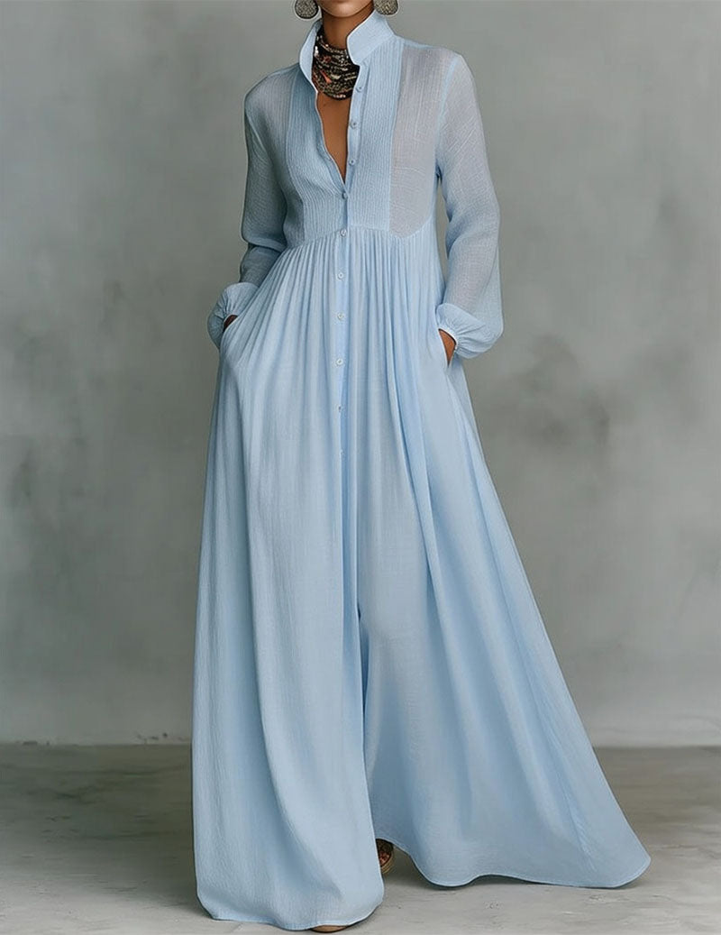 Long Sleeve Button Down Maxi Dress Pleated Chiffon Dress