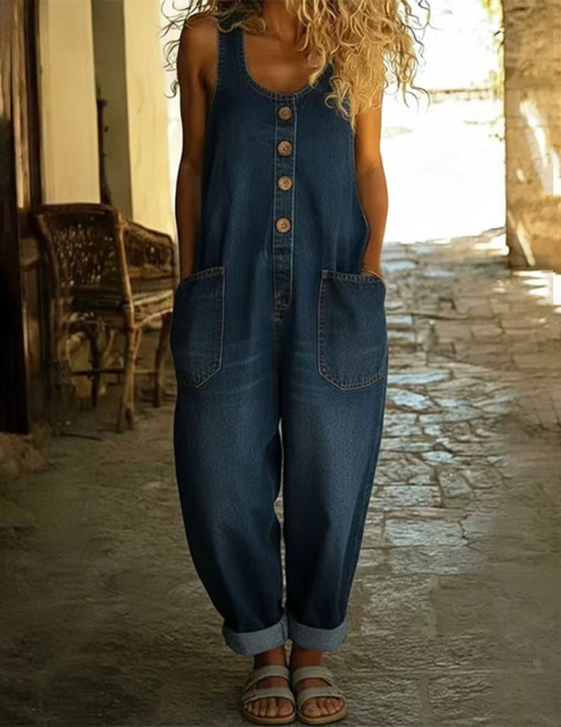 Dark-blue sleeveless denim jumpsuit with button front and two large front pockets