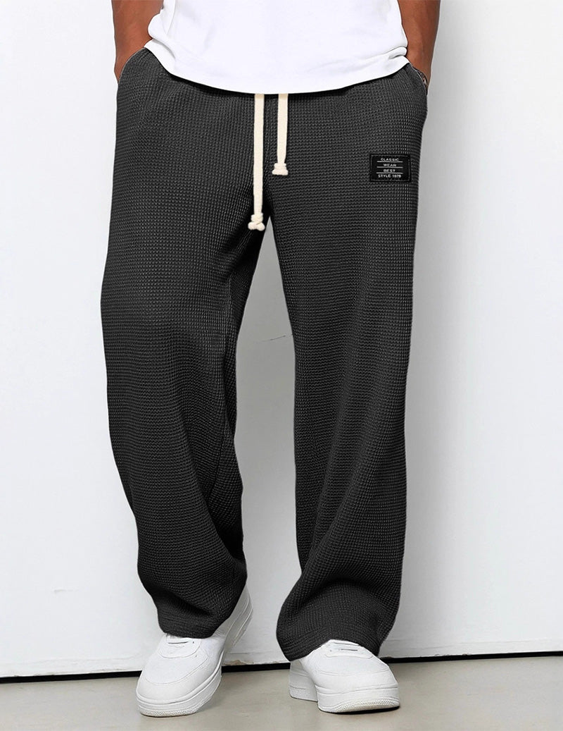 Men's Waffle Knit Pants Loose Fit Drawstring Wide Leg Joggers with Pockets