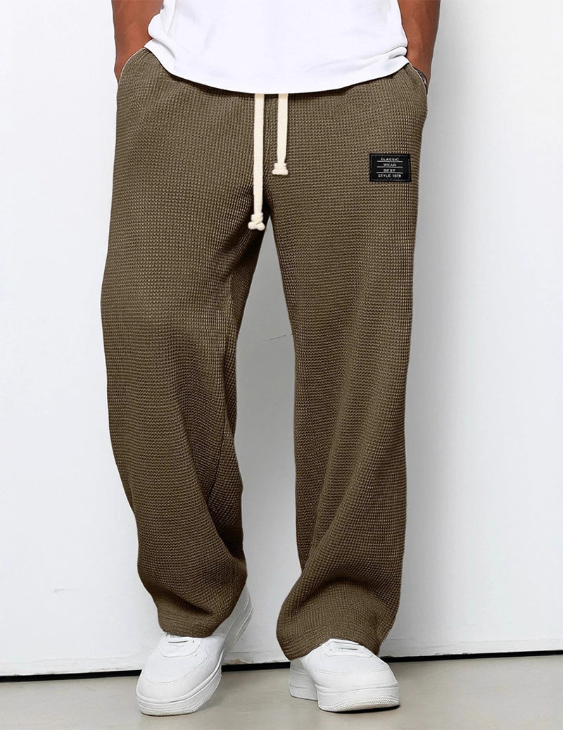 Men's Waffle Knit Pants Loose Fit Drawstring Wide Leg Joggers with Pockets