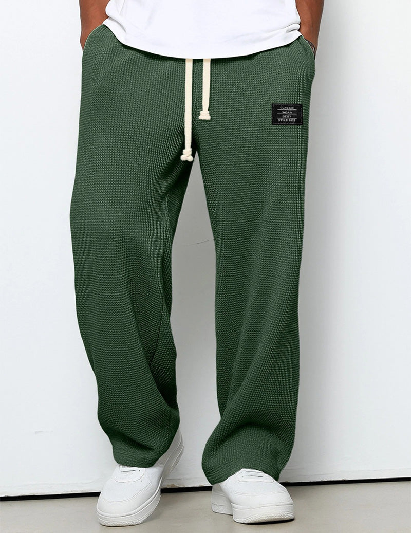 Men's Waffle Knit Pants Loose Fit Drawstring Wide Leg Joggers with Pockets