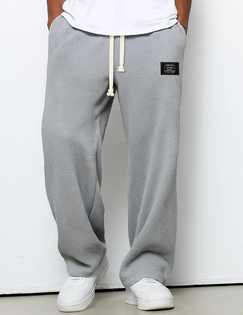 Men's Waffle Knit Pants Loose Fit Drawstring Wide Leg Joggers with Pockets