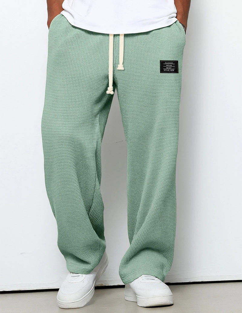 Men's Waffle Knit Pants Loose Fit Drawstring Wide Leg Joggers with Pockets