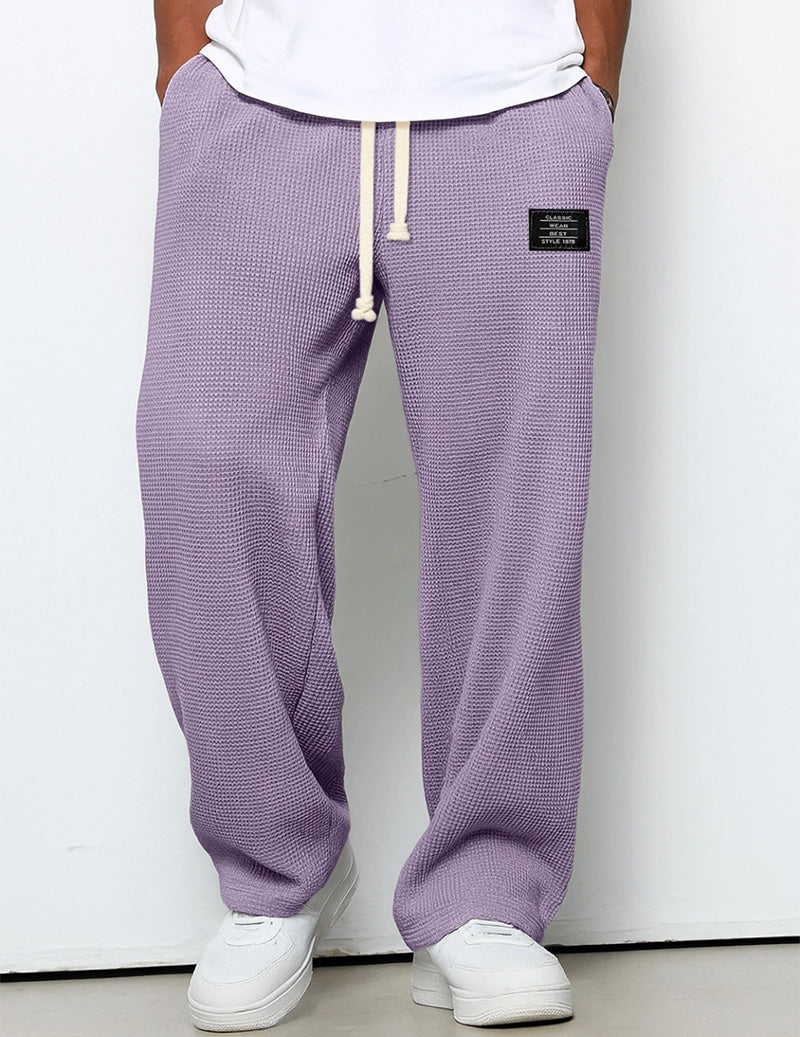 Men's Waffle Knit Pants Loose Fit Drawstring Wide Leg Joggers with Pockets