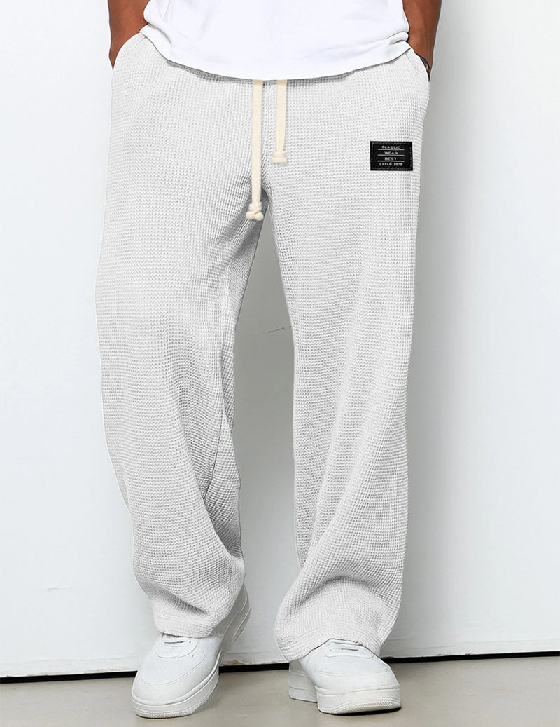 Men's Waffle Knit Pants Loose Fit Drawstring Wide Leg Joggers with Pockets