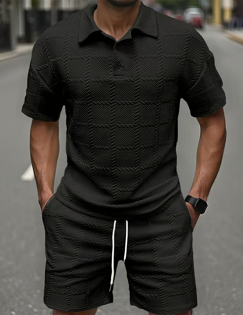 Men's Textured Polo Shirt & Shorts Set Knit Jacquard 2 Piece Outfit
