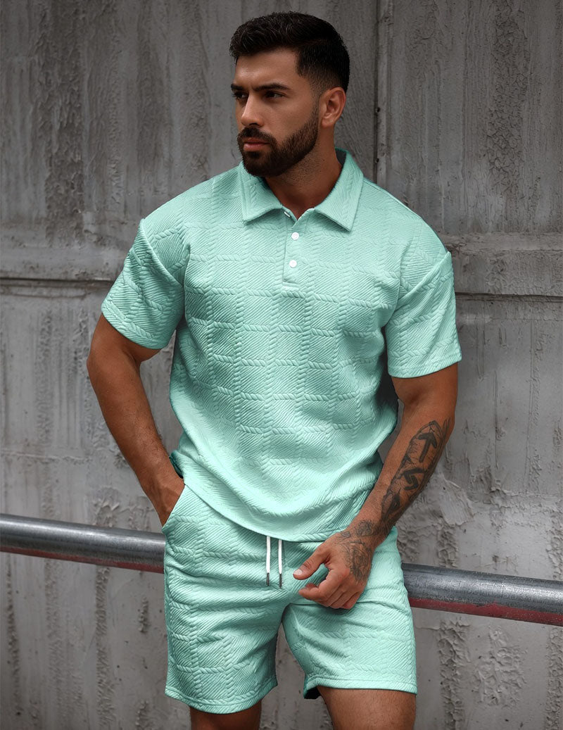 Men's Textured Polo Shirt & Shorts Set Knit Jacquard 2 Piece Outfit