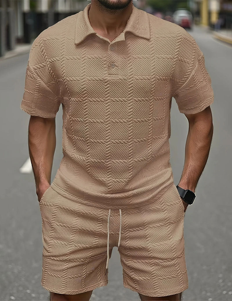 Men's Textured Polo Shirt & Shorts Set Knit Jacquard 2 Piece Outfit