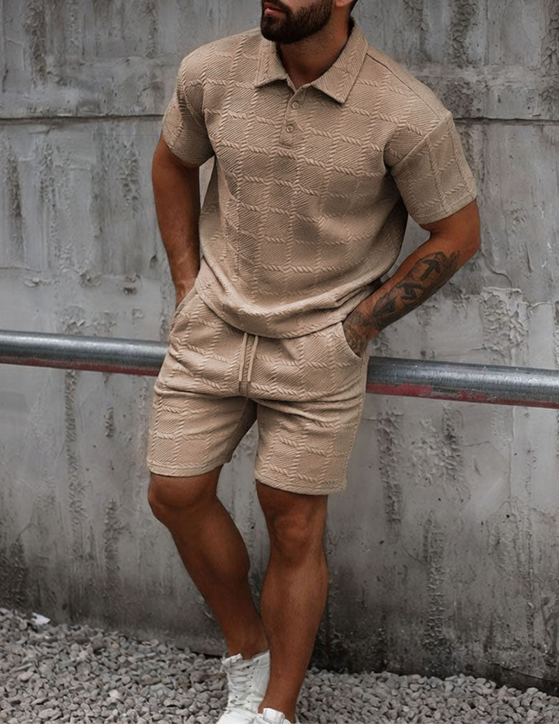Men's Textured Polo Shirt & Shorts Set Knit Jacquard 2 Piece Outfit
