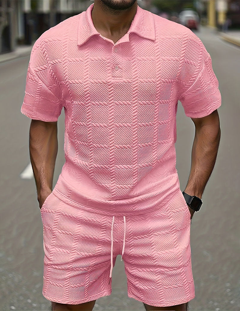 Men's Textured Polo Shirt & Shorts Set Knit Jacquard 2 Piece Outfit