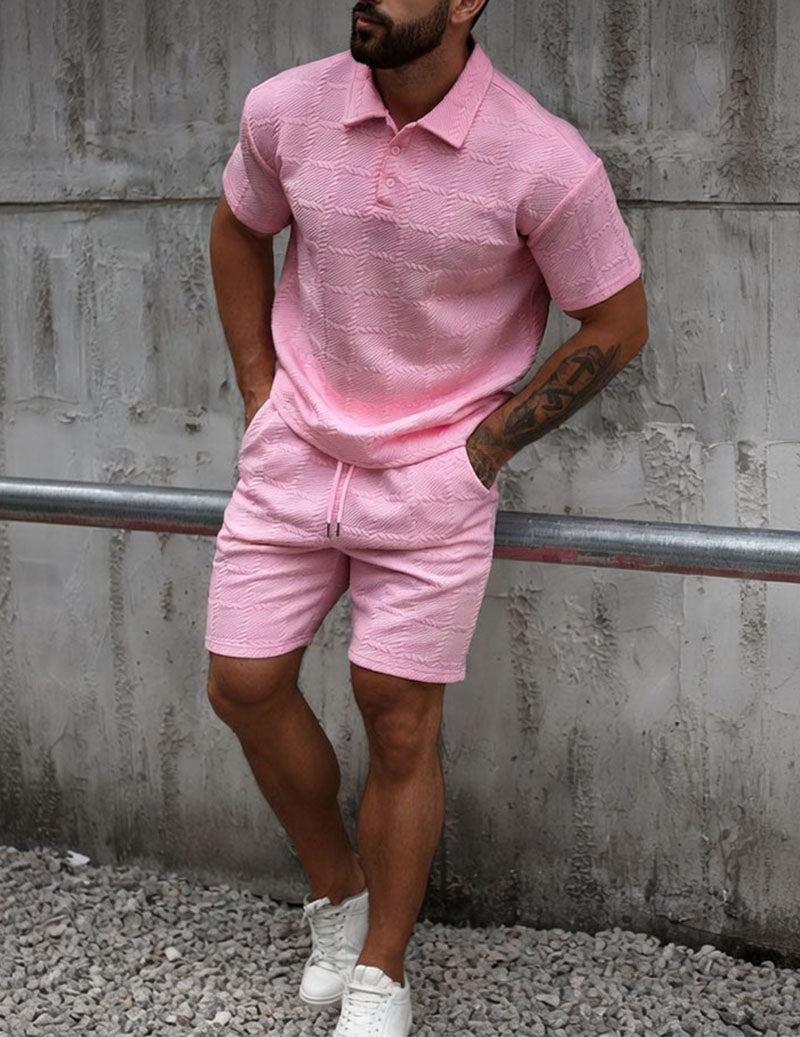 Men's Textured Polo Shirt & Shorts Set Knit Jacquard 2 Piece Outfit