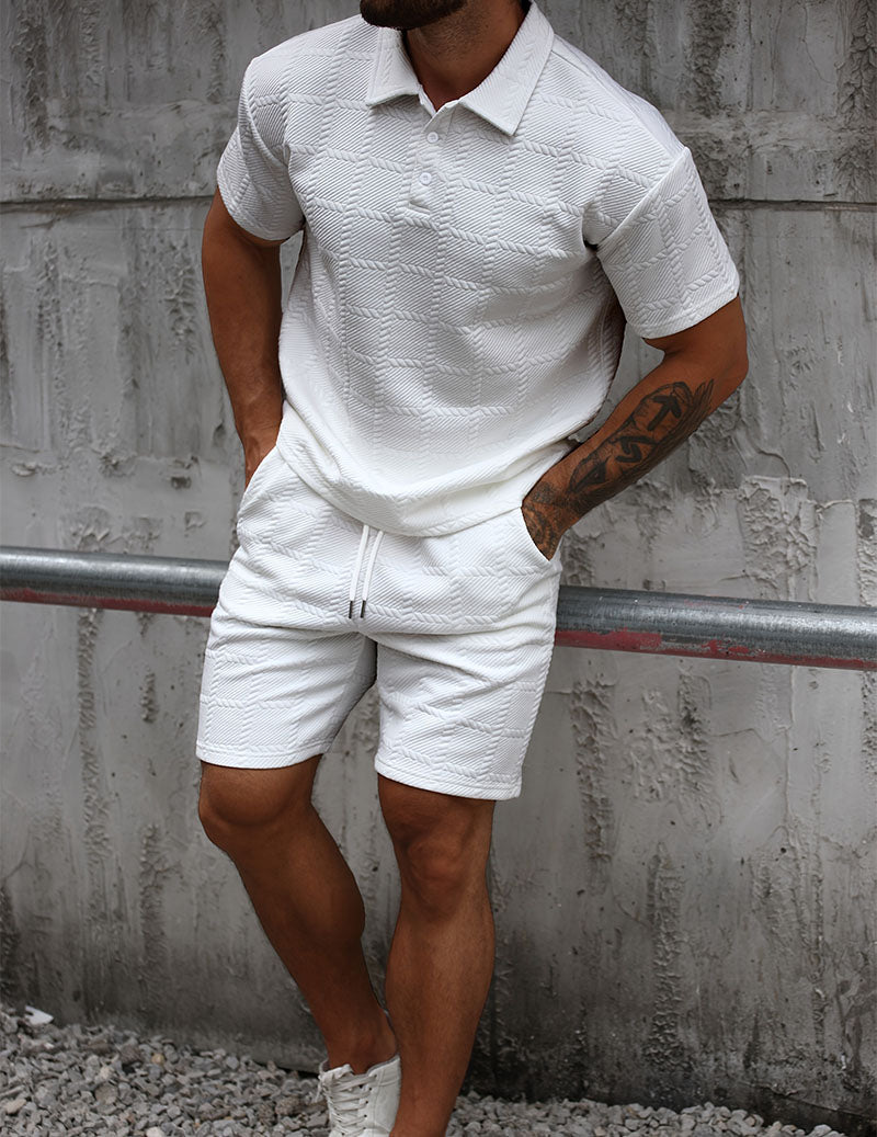 Men's Textured Polo Shirt & Shorts Set Knit Jacquard 2 Piece Outfit