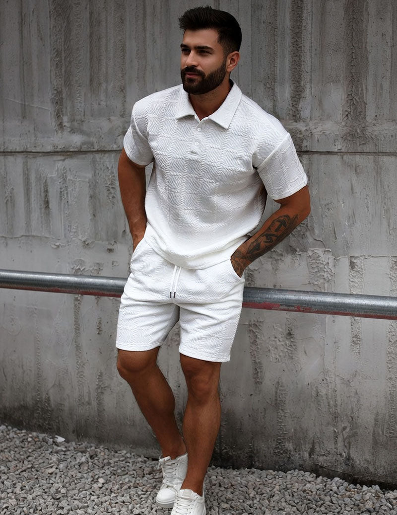 Men's Textured Polo Shirt & Shorts Set Knit Jacquard 2 Piece Outfit