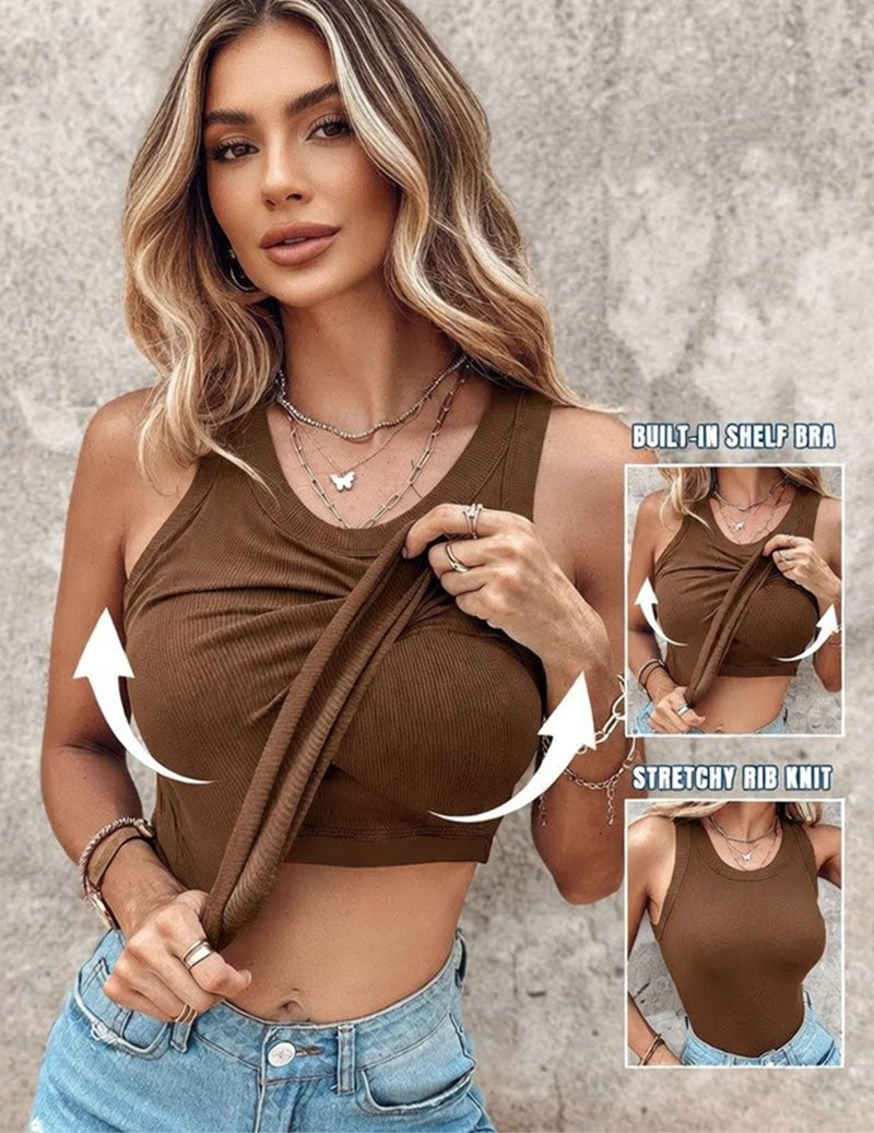 Women’s twist-front crop tank top in brown ribbed knit with built-in shelf bra