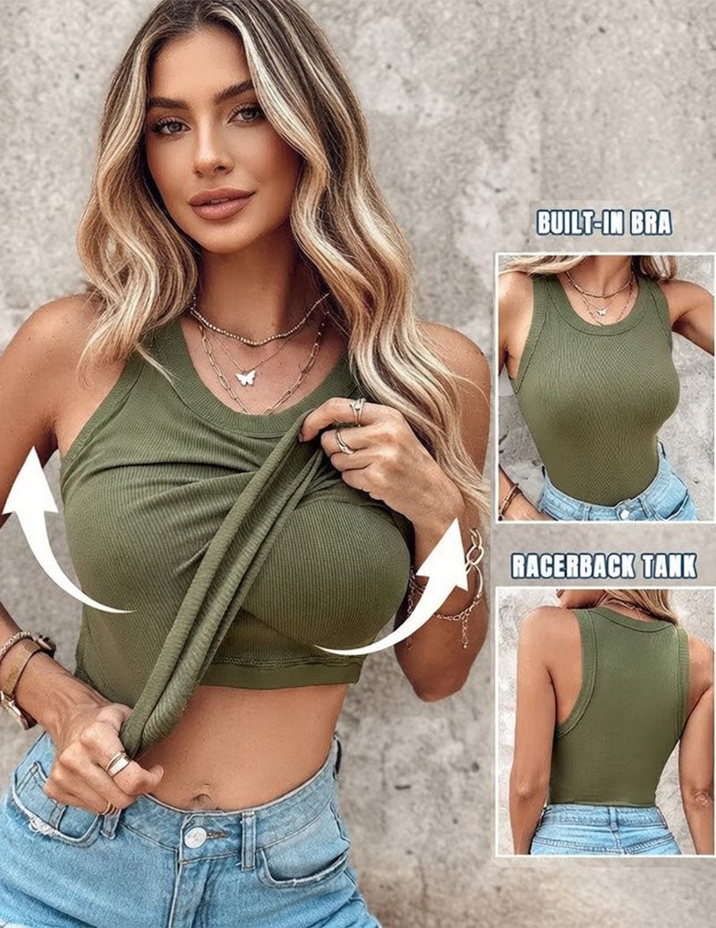 Women’s twist-front crop tank top in green ribbed knit with built-in shelf bra