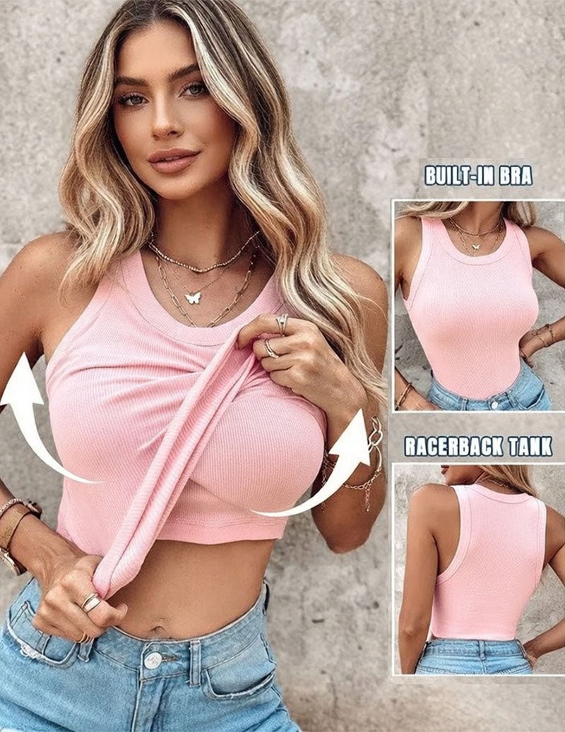 Women’s twist-front crop tank top in pink ribbed knit with built-in shelf bra