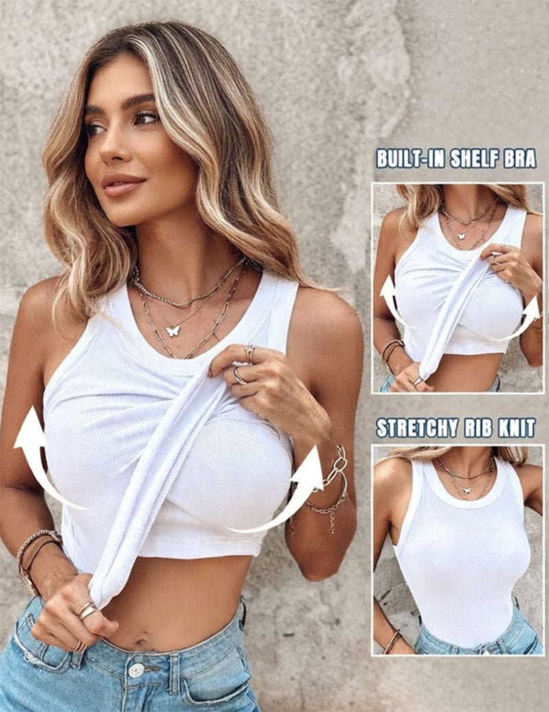 Women’s twist-front crop tank top in white ribbed knit with built-in shelf bra