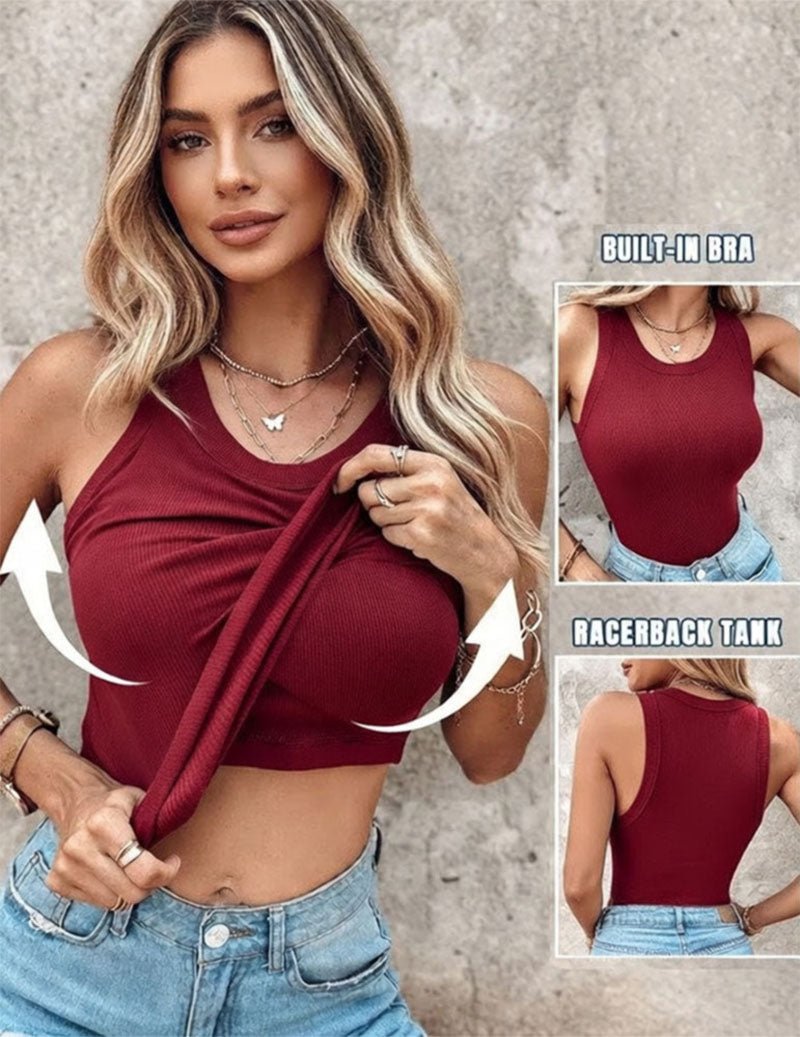 Women’s twist-front crop tank top in wine red ribbed knit with built-in shelf bra