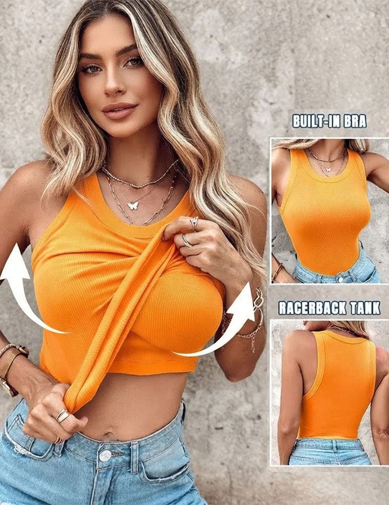 Women’s twist-front crop tank top in yellow ribbed knit with built-in shelf bra
