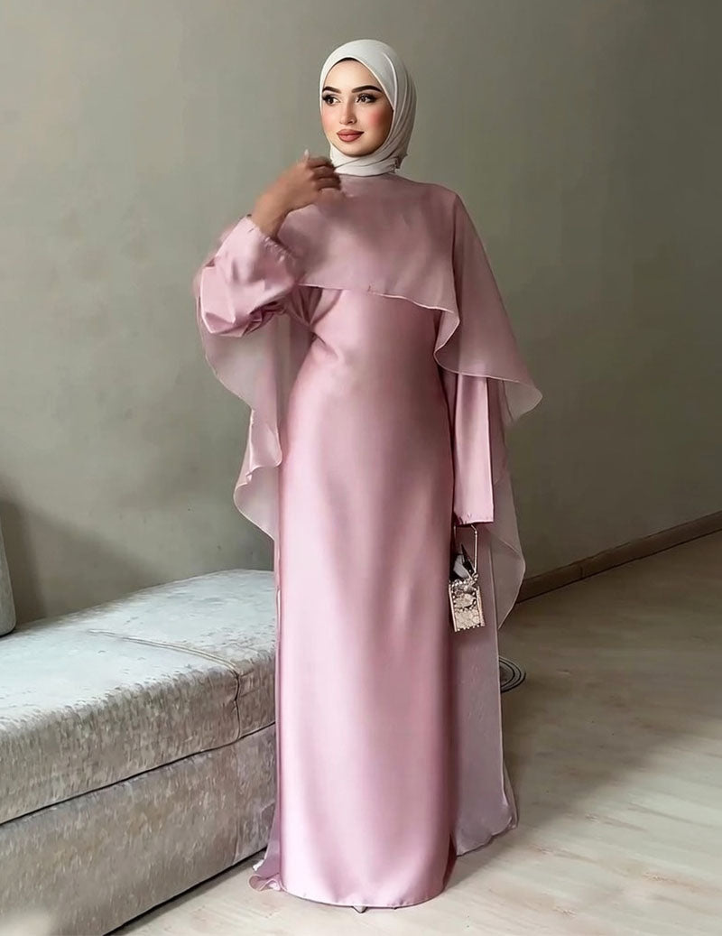 Satin Modest Dress Long Sleeve Cape Abaya with Tie Back