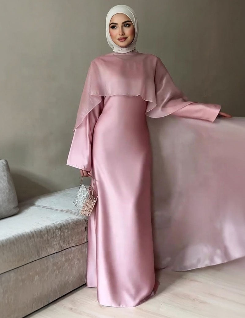 Satin Modest Dress Long Sleeve Cape Abaya with Tie Back