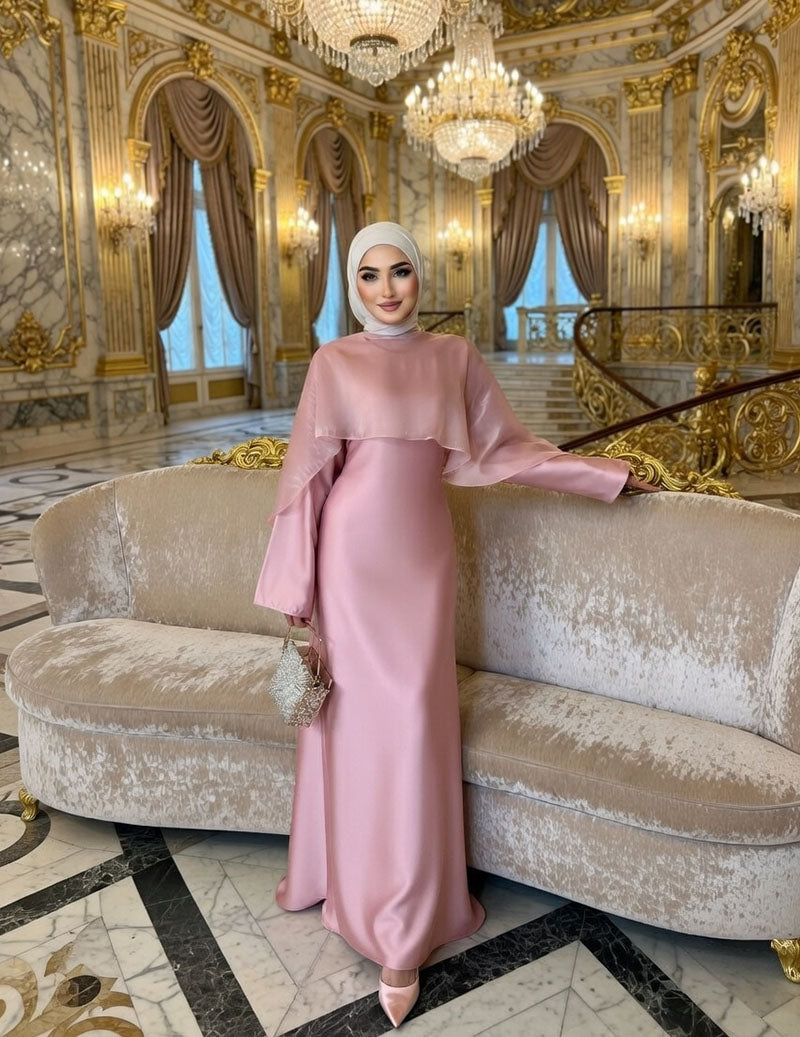 Satin Modest Dress Long Sleeve Cape Abaya with Tie Back