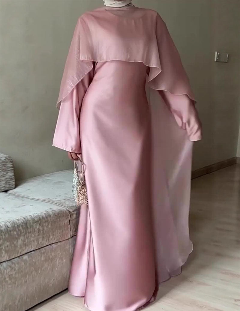 Satin Modest Dress Long Sleeve Cape Abaya with Tie Back