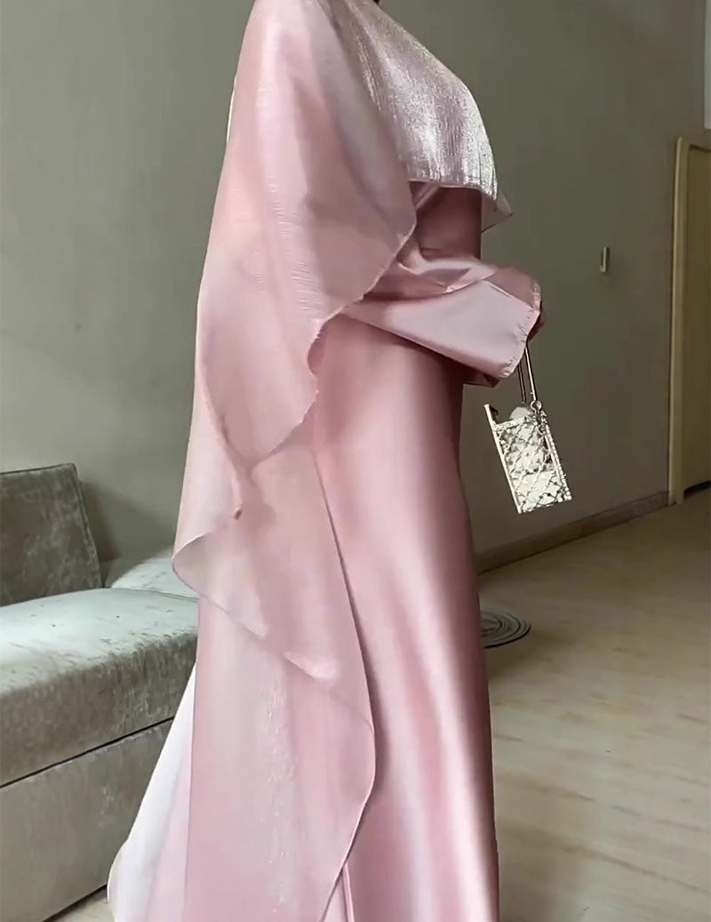 Satin Modest Dress Long Sleeve Cape Abaya with Tie Back