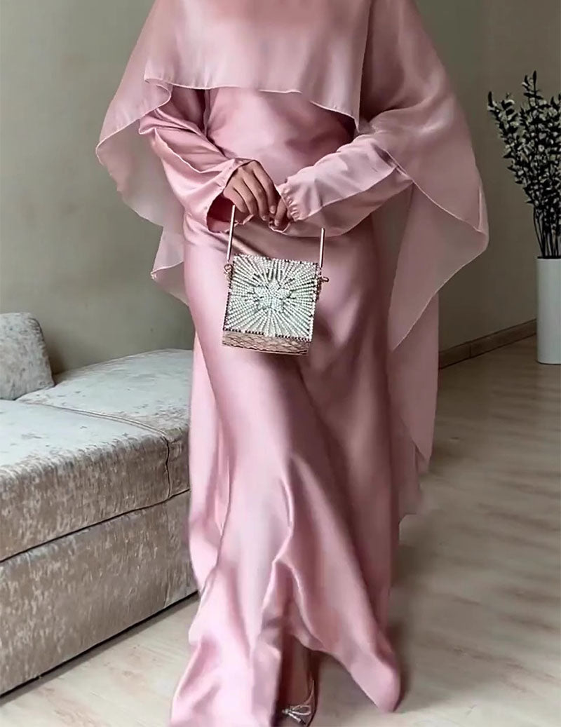 Satin Modest Dress Long Sleeve Cape Abaya with Tie Back