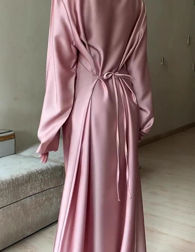 Satin Modest Dress Long Sleeve Cape Abaya with Tie Back