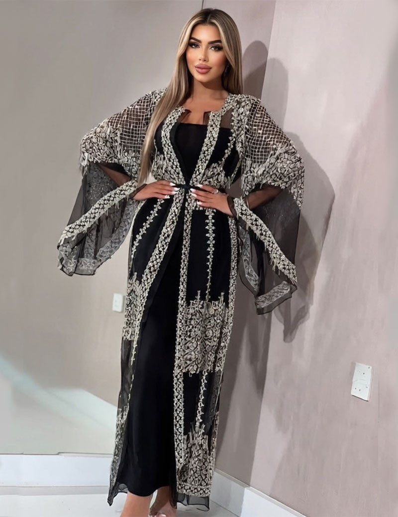 Black mesh abaya kaftan with patterned sequin vertical trim and flowing sleeves