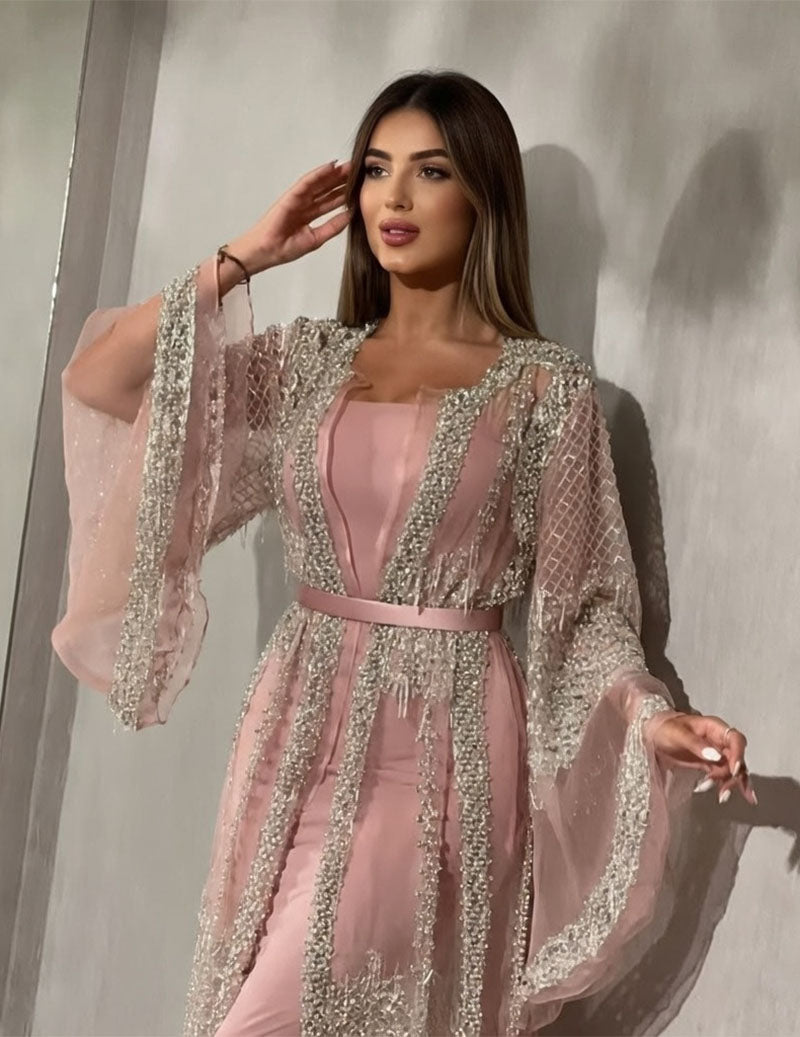 Pink sequin mesh cape-sleeve kaftan with waist belt and long flowing hem