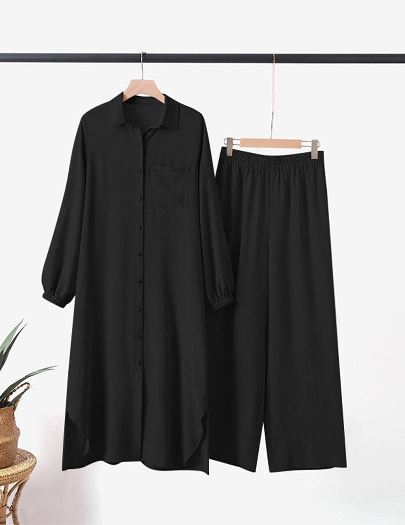 Schwarzes 2-teiliges Set: Knopfhemd-Tunika mit weiten Hosen, lange Ärmel