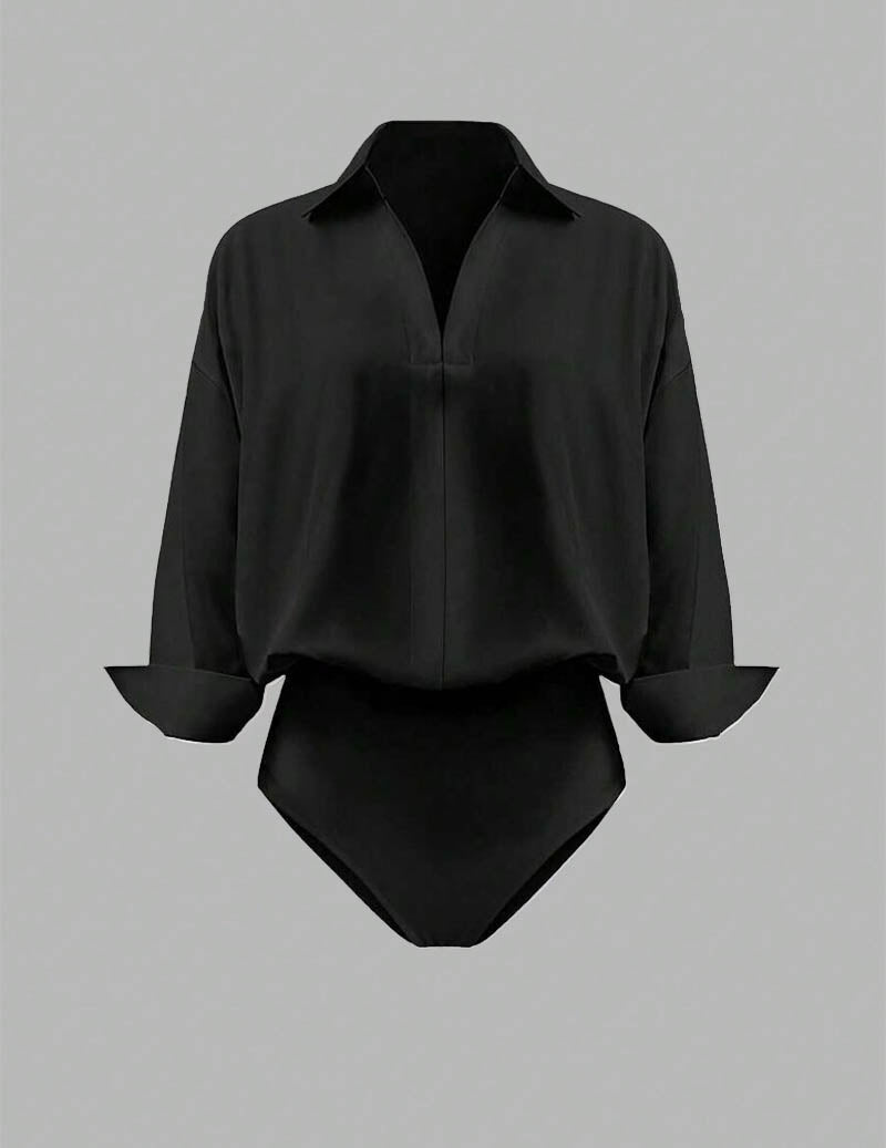 Black oversized collared long-sleeve shirt bodysuit, front view flat lay